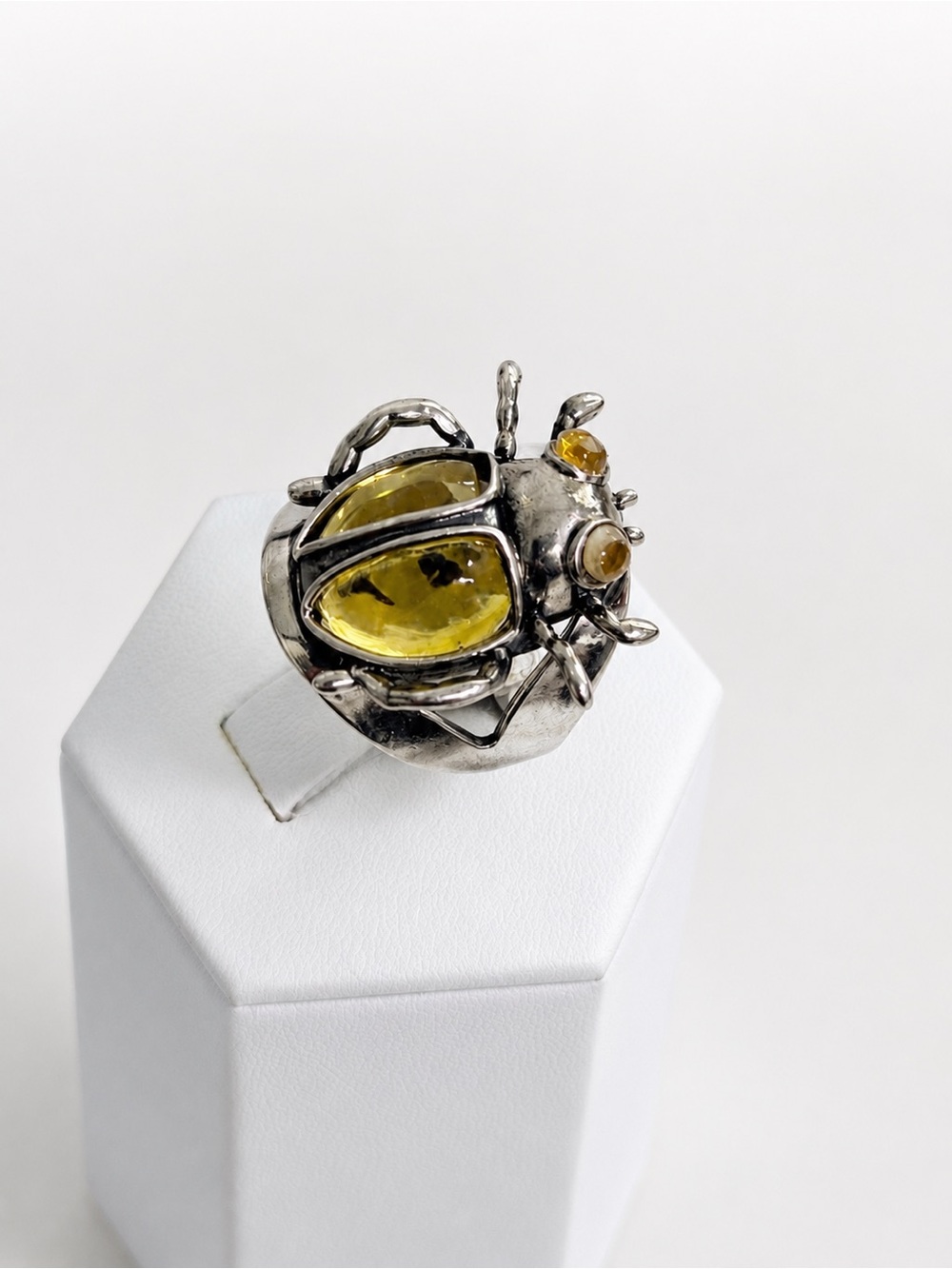 925 Sterling Silver Beetle Ring with Amber Gemstone